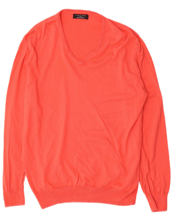 Zara Suéter masculino com decote em V XL algodão vermelho