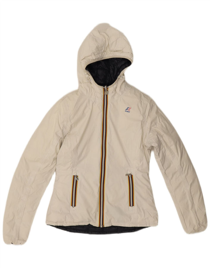 Jaqueta acolchoada reversível com capuz feminino K-Way UK 8 pequena poliamida preta