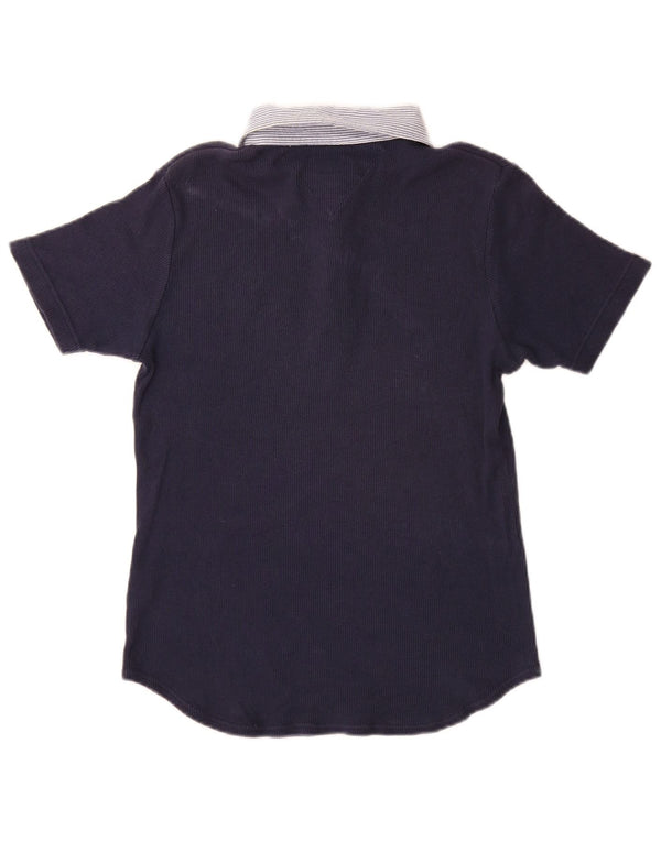 Camisa polo feminina de rugby Tommy Hilfiger Reino Unido 14 grande algodão listrado azul marinho