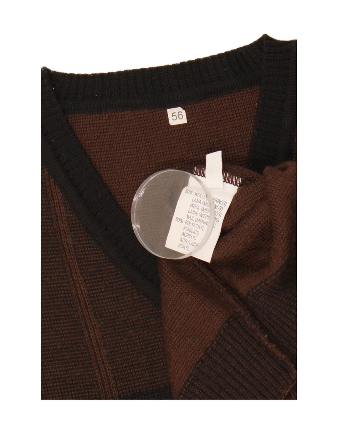 VINTAGE Mens V-Neck Jumper Sweater IT 56 2XL Brown Check Wool
