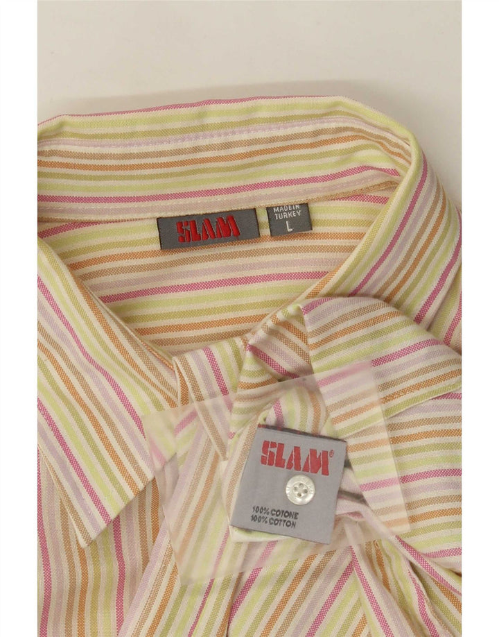 Camisa feminina Slam UK 14 grande algodão listrado bege