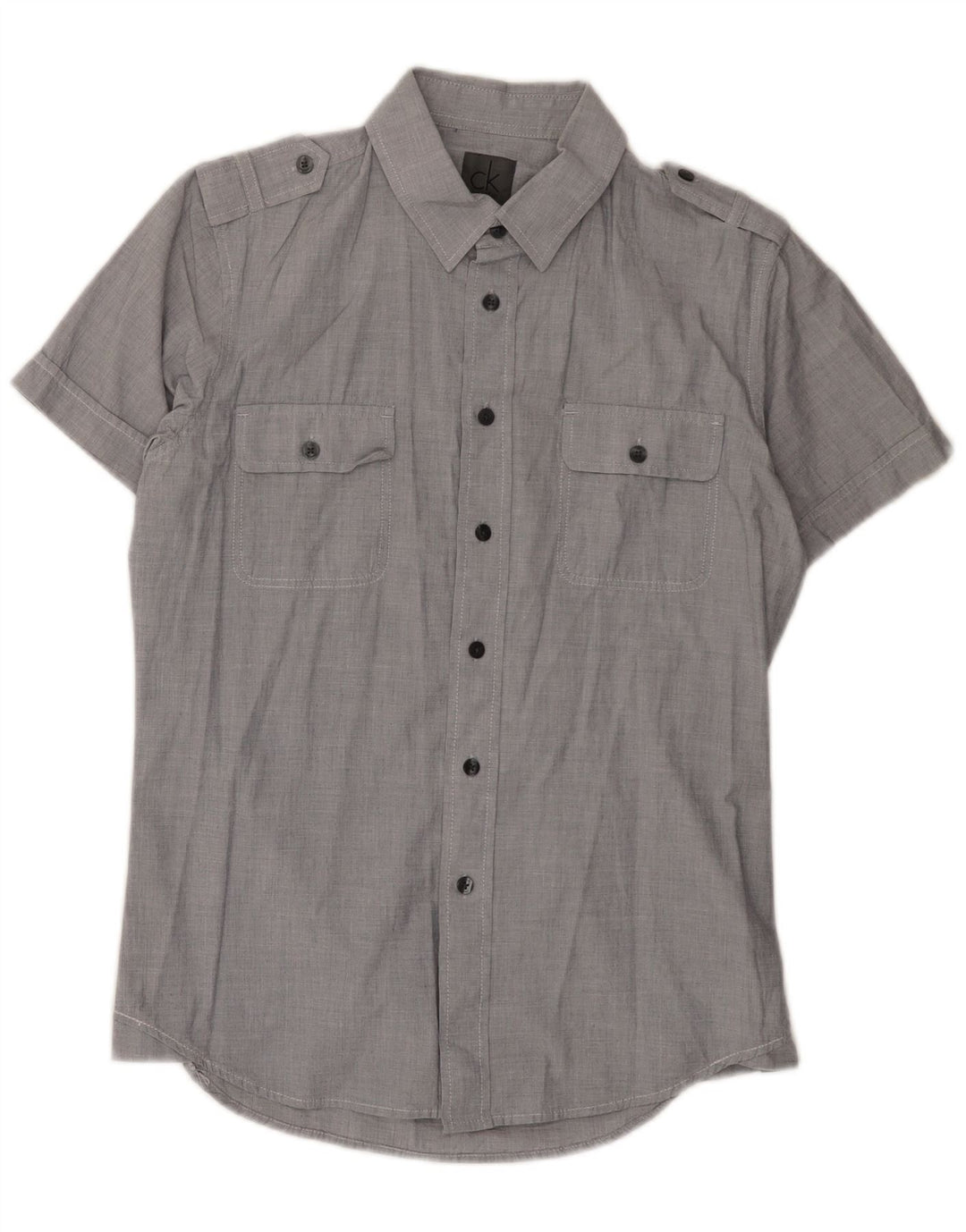 Camisa militar masculina de manga curta Calvin Klein algodão cinza médio