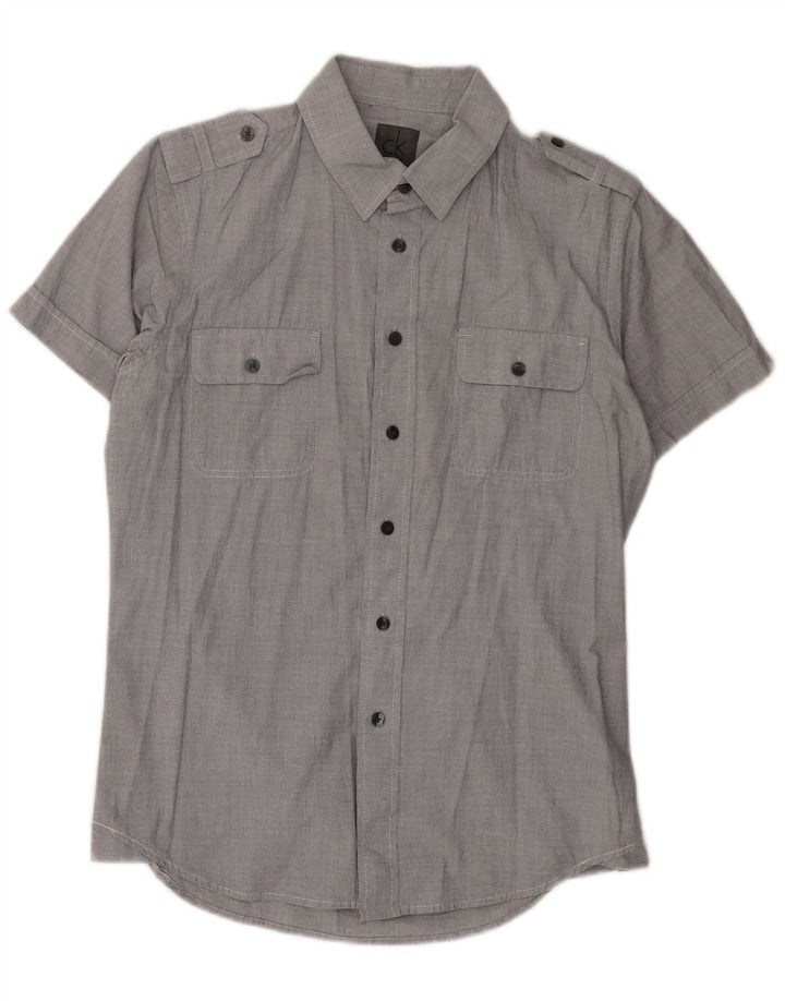 Camisa militar masculina de manga curta Calvin Klein algodão cinza médio