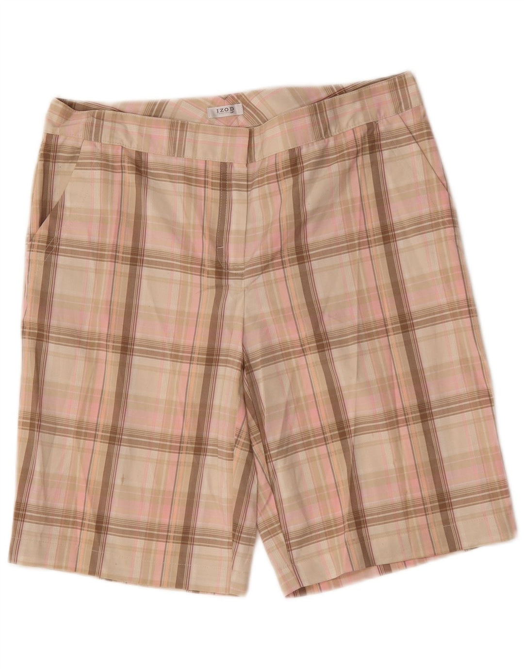 Izod Shorts Chino Feminino US 8 Médio W32 Poliéster Xadrez Rosa