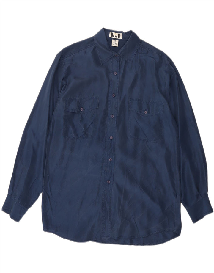 Camisa feminina VINTAGE grande tamanho UK 10 pequena seda azul marinho