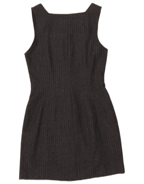 Vestido feminino vintage sem mangas com bainha UK 12 lã risca de giz cinza médio