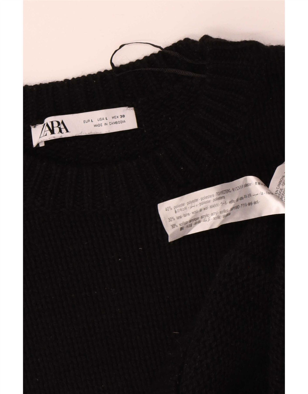 Suéter feminino Zara com gola redonda grande, Reino Unido 16, grande, preto, poliéster