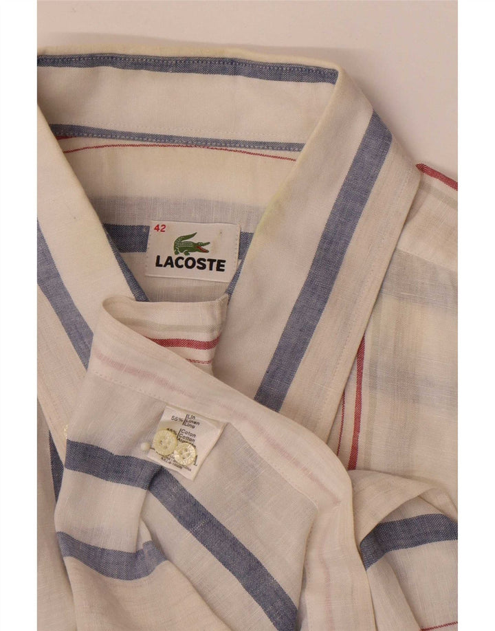 Lacoste camisa masculina de manga curta tamanho 42 linho listrado branco grande