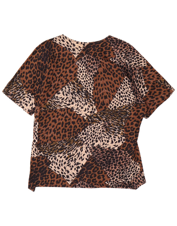 Blusa feminina vintage de manga curta UK 14 grande estampa animal marrom