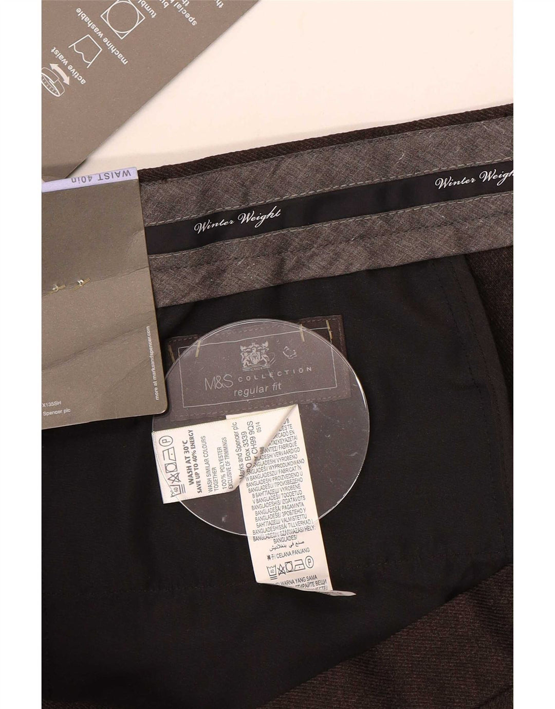 Calça masculina de ajuste regular Marks & Spencer W40 L31 poliéster marrom