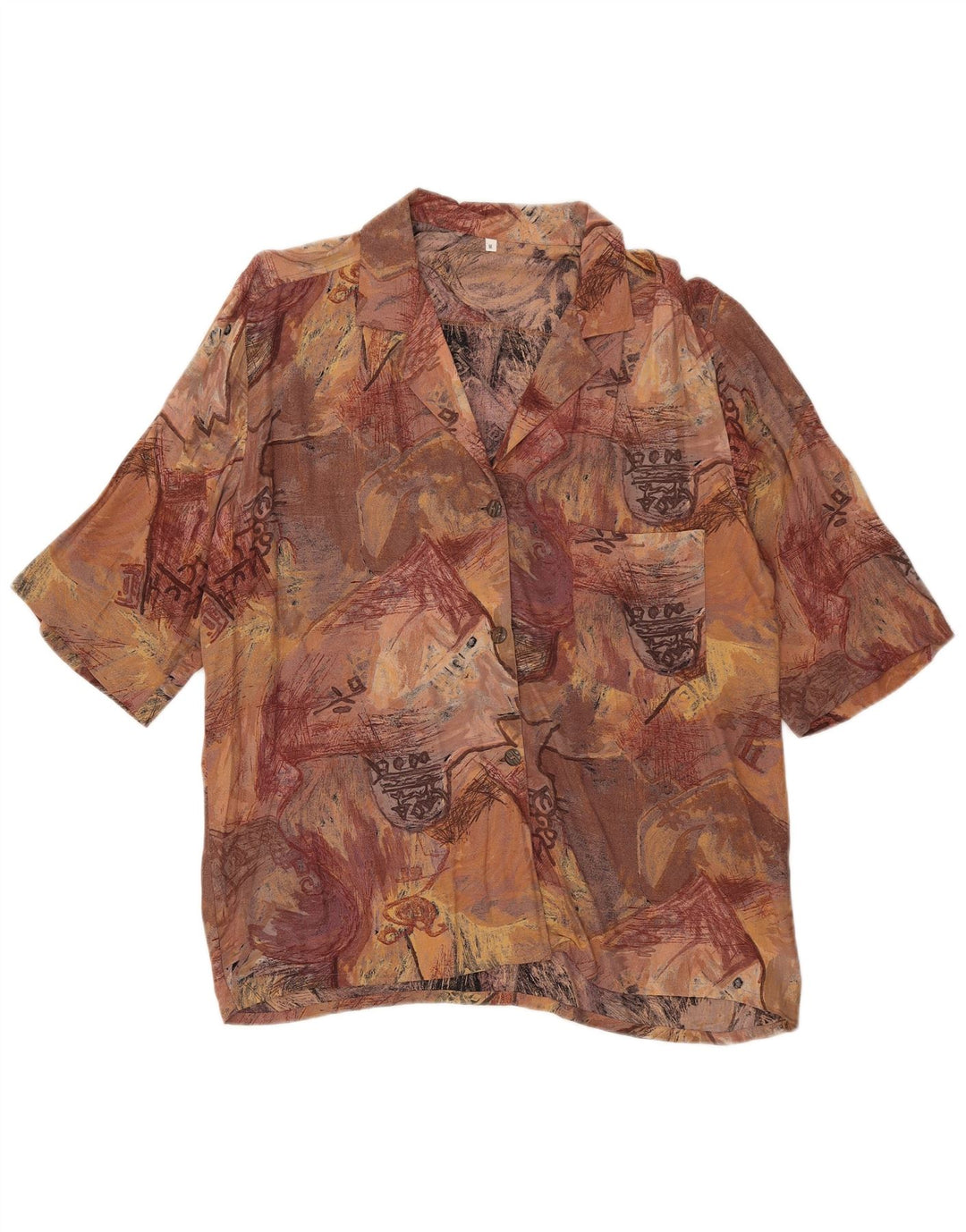 Camisa feminina vintage de manga curta com padrão abstrato Reino Unido 14 marrom médio