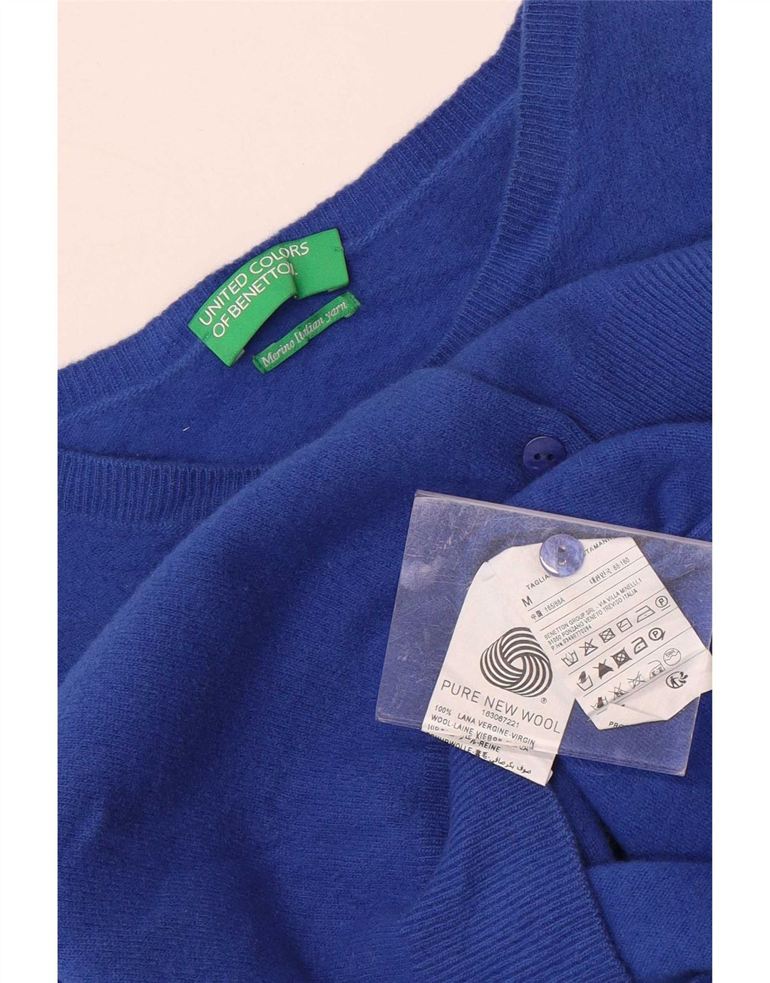 Suéter feminino Benetton Crop Cardigan UK 12 médio azul lã nova
