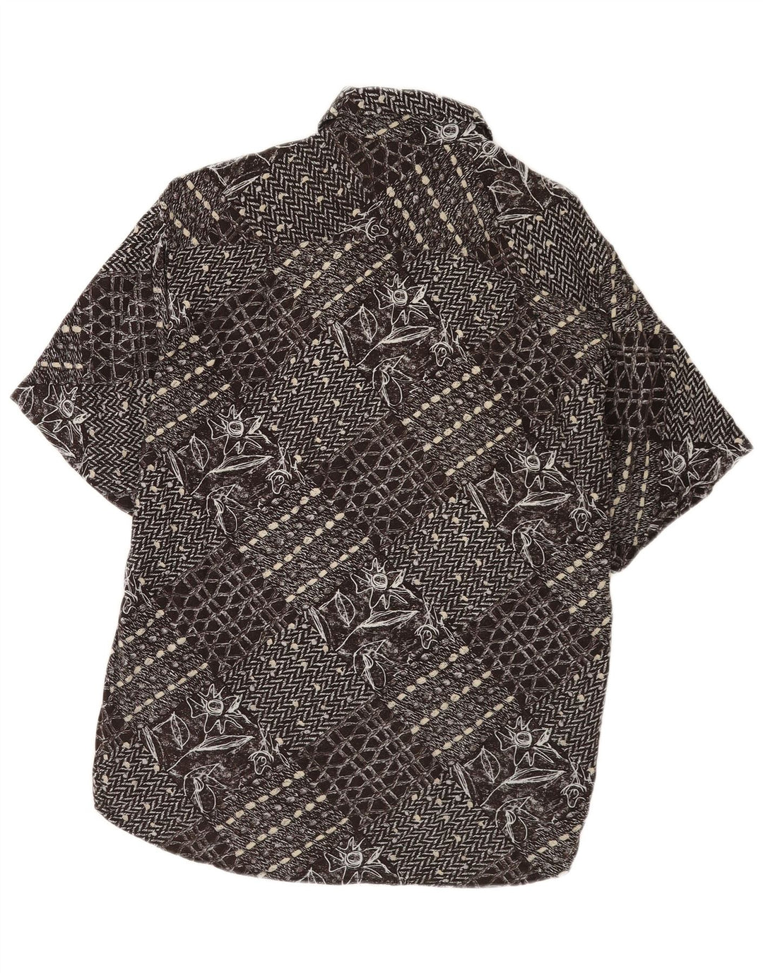 Camisa masculina vintage de manga curta com retalhos pretos médios