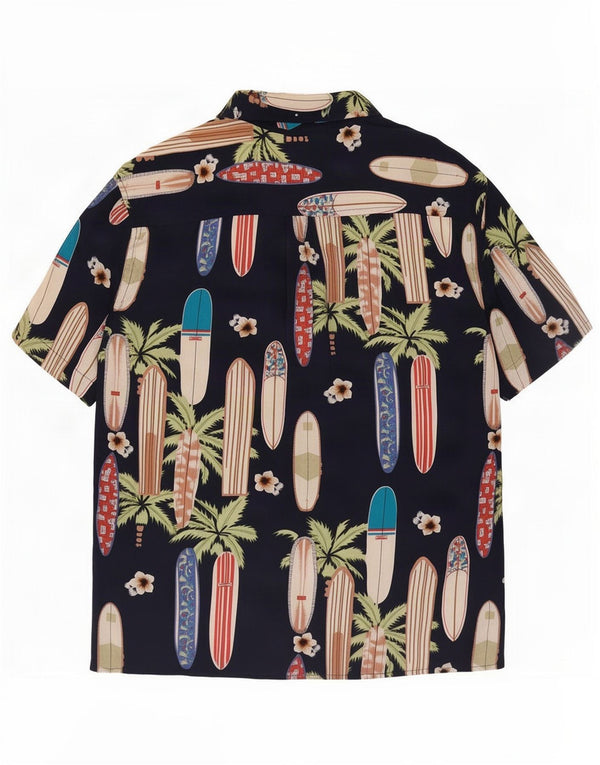 Camisa masculina vintage abstrata de manga curta grande rayon azul marinho