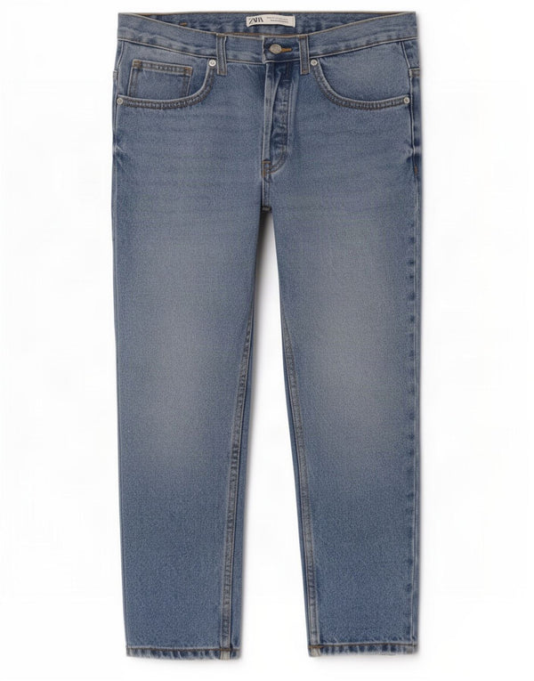 Zara Calça jeans masculina cortada EU 42 grande W32 L25 azul algodão