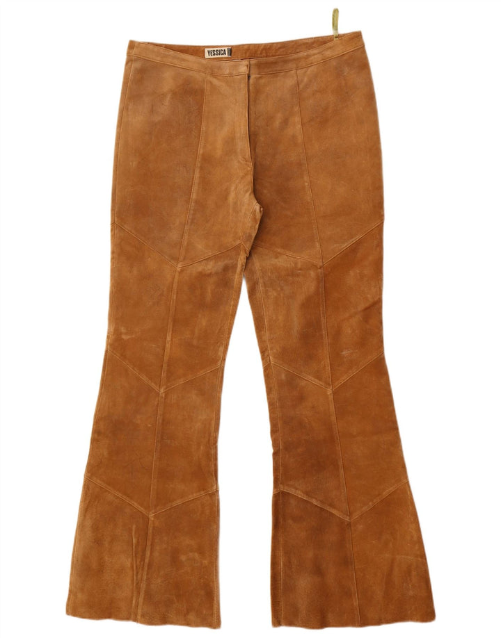 Calça feminina Yessica Bootcut camurça UE 42 grande W34 L31 couro marrom