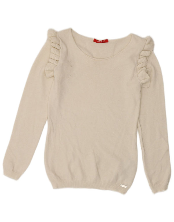 Suéter feminino Guess com babados e gola canoa, Reino Unido, 8, pequeno, viscose branca
