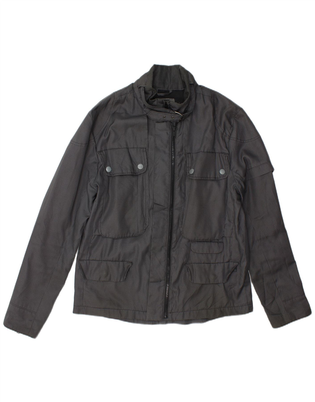 Jaqueta utilitária masculina Dkny UK 40 grande poliéster cinza houndstooth