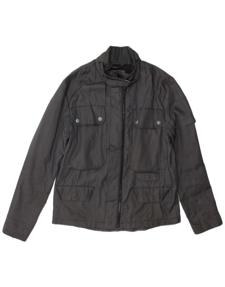 Jaqueta utilitária masculina Dkny UK 40 grande poliéster cinza houndstooth