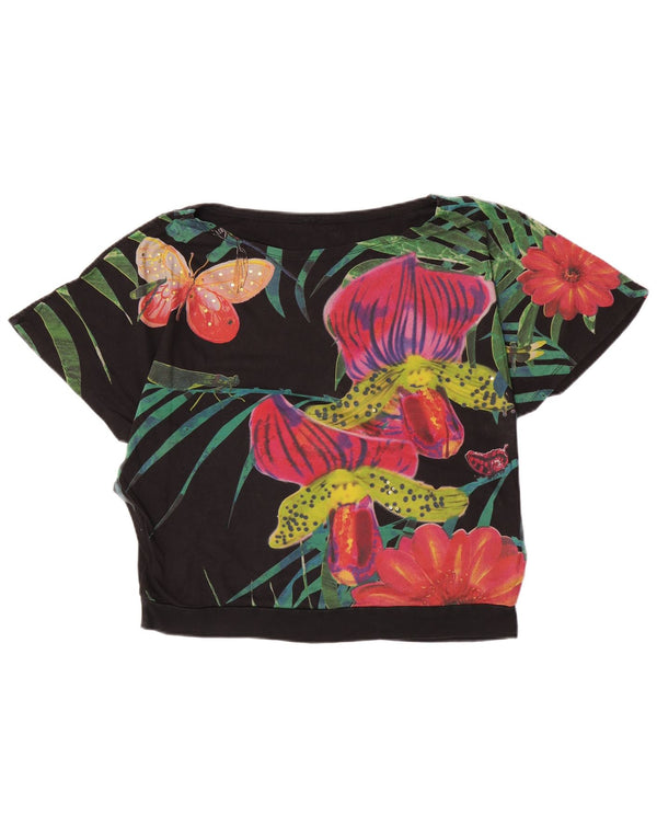 Camiseta feminina Desigual com estampa gráfica UK 16 grande algodão floral preto