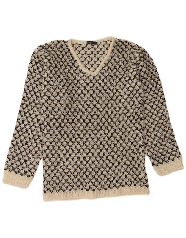 Suéter feminino vintage com decote em V UK 14 Médio Off White Geométrico