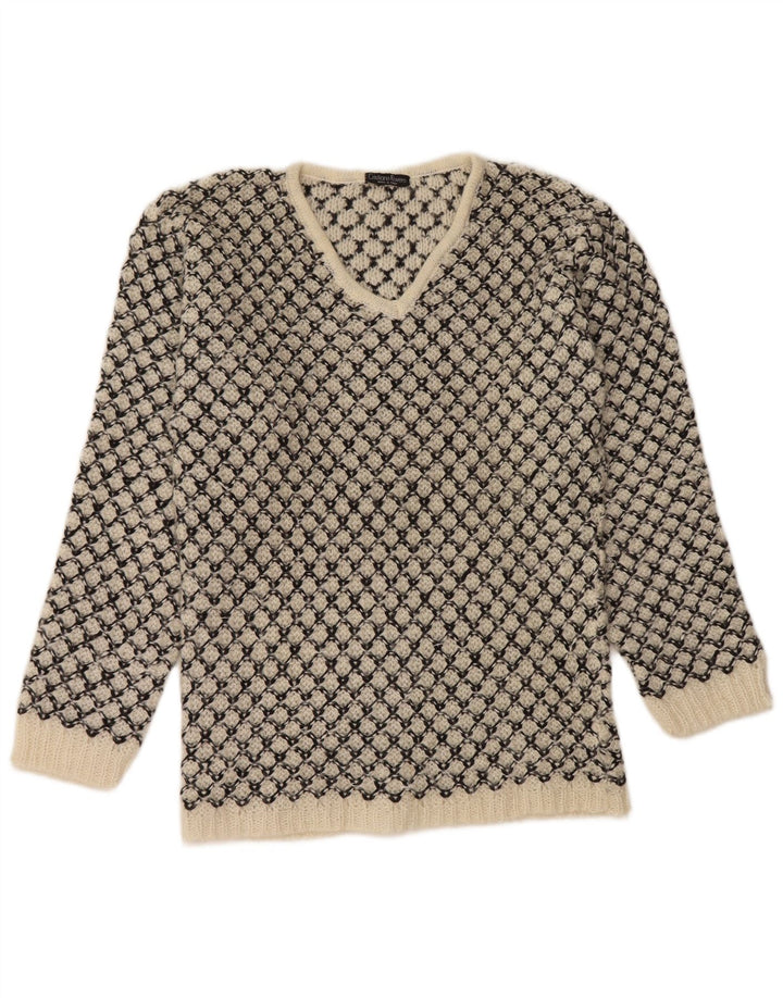 Suéter feminino vintage com decote em V UK 14 Médio Off White Geométrico