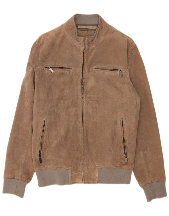 Jaqueta bomber masculina vintage de camurça Reino Unido 38 couro cinza médio