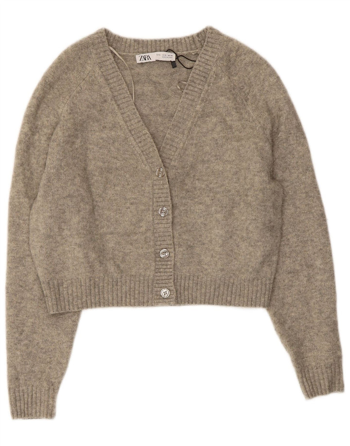 Suéter cardigã feminino Zara crop oversized Reino Unido 10 pequeno cinza manchado