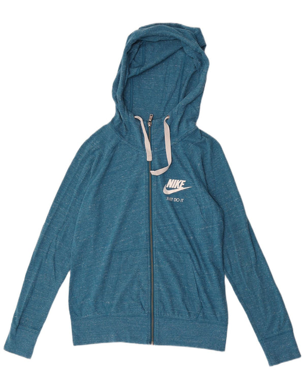 Suéter Nike feminino com capuz e zíper UK 10 pequeno algodão manchado azul