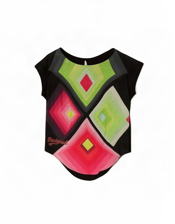 Desigual blusa feminina gráfica sem mangas top UK 14 médio preto geométrico