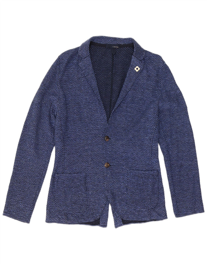 Jaqueta blazer feminina Lardini com 2 botões Reino Unido 12 algodão manchado azul médio