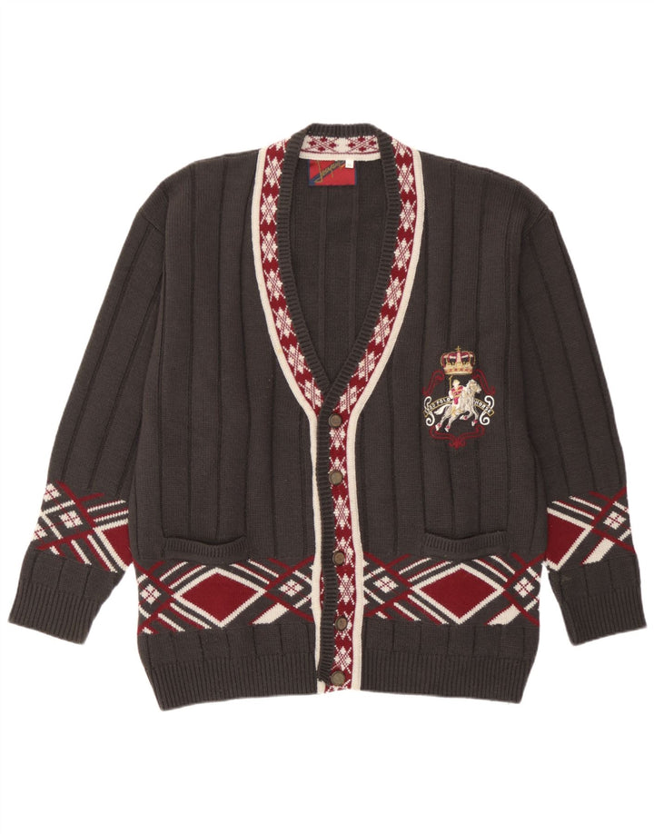 Suéter cardigã gráfico masculino vintage XL cinza