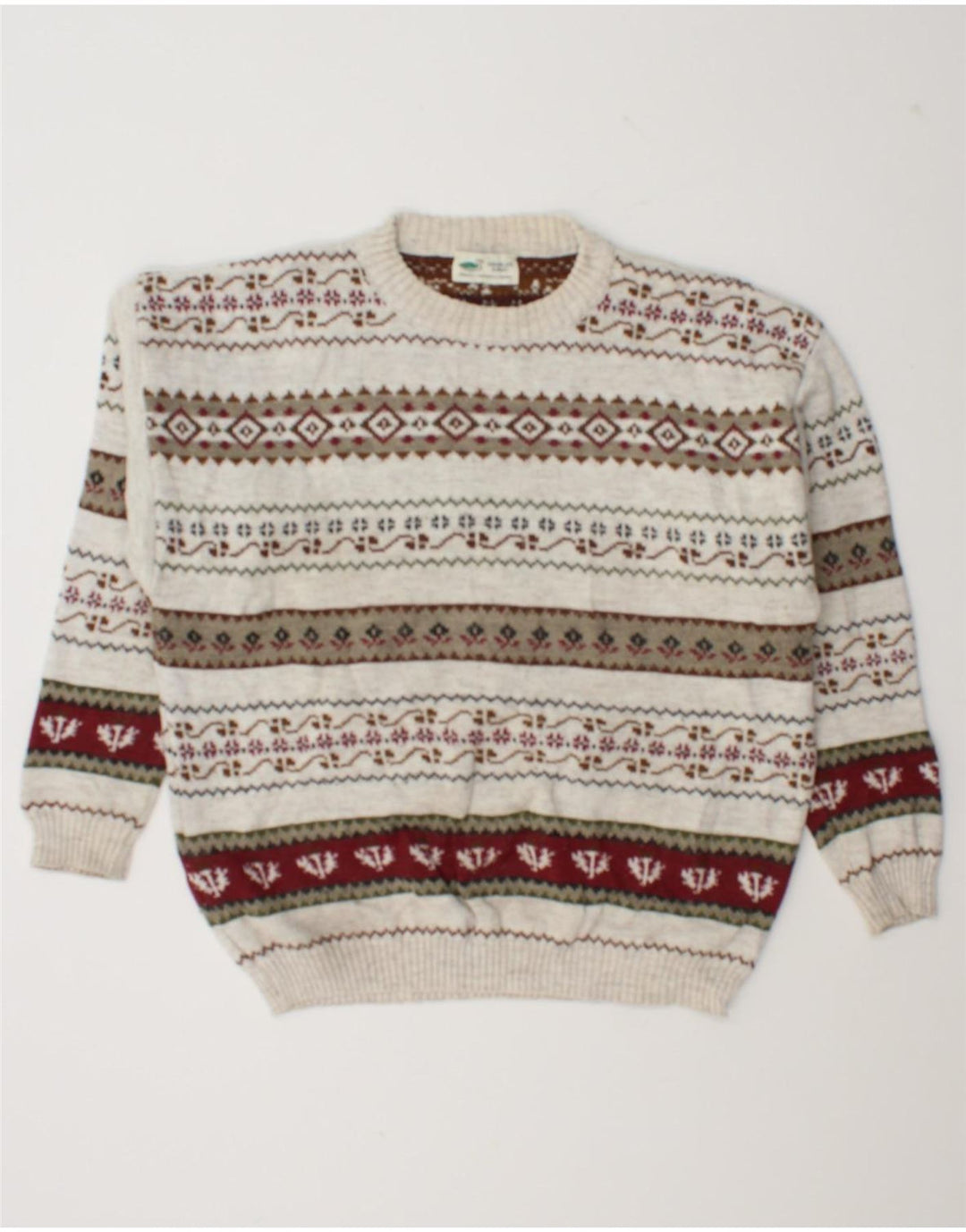 Suéter masculino vintage com gola redonda, grande lã geométrica branca