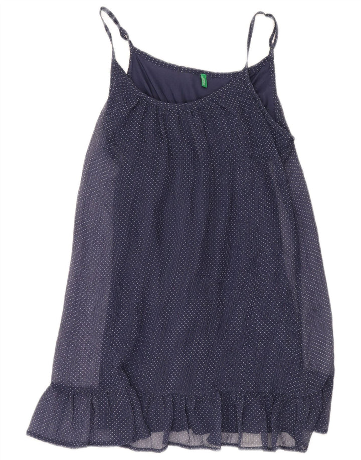 Vestido de verão feminino BENETTON UK 10 pequeno poliéster manchado azul marinho