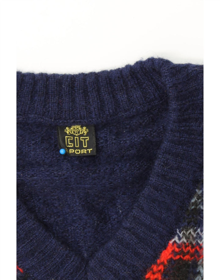 VINTAGE Mens V-Neck Jumper Sweater Medium Navy Blue Check Vintage Vintage and Second-Hand Vintage from Messina Hembry 