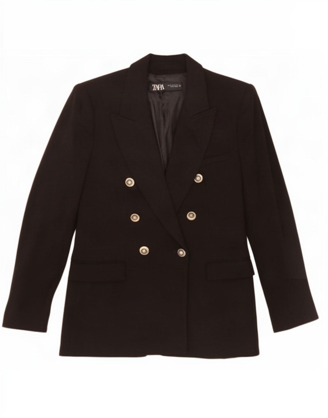 Jaqueta blazer feminina Zara com peito duplo Reino Unido 12 poliéster preto médio