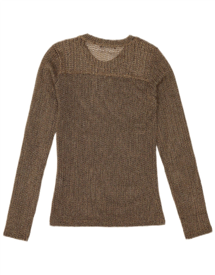 Zara Top feminino transparente manga comprida UK 10 pequeno poliéster manchado dourado