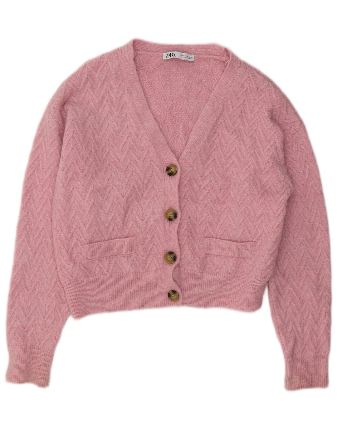 ZARA Suéter Cardigan Feminino Crop UK 14 Médio Rosa Chevron Acrílico