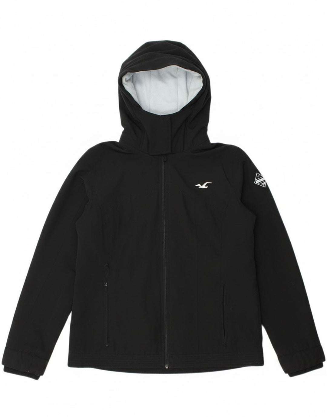Jaqueta corta-vento feminina Hollister com capuz UK 14 poliéster preto médio