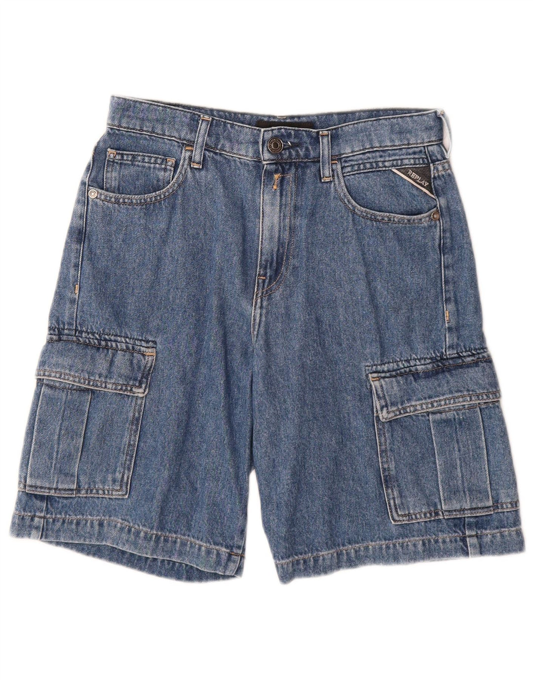 Shorts jeans cargo masculinos REPLAY 11-12 anos W26 algodão azul