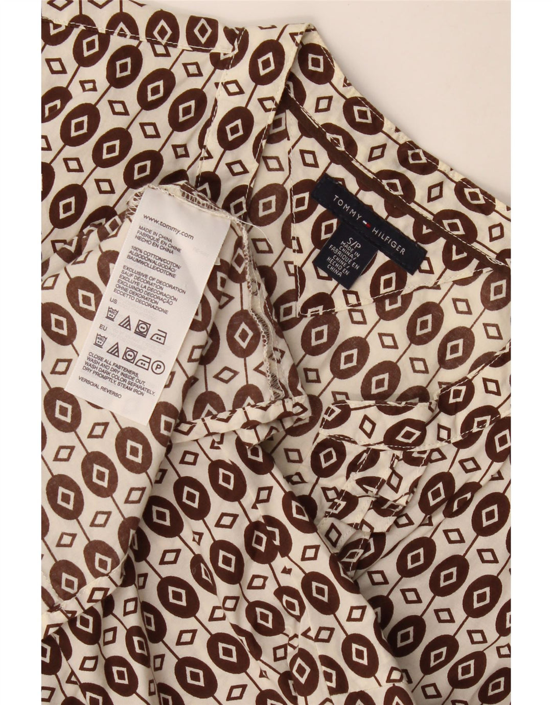 Blusa feminina Tommy Hilfiger com babados frontais Reino Unido 10 pequeno marrom geométrico