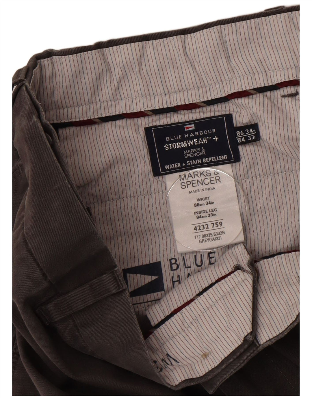 Calça chino reta masculina Marks & Spencer Blue Harbor W34 L33 cinza