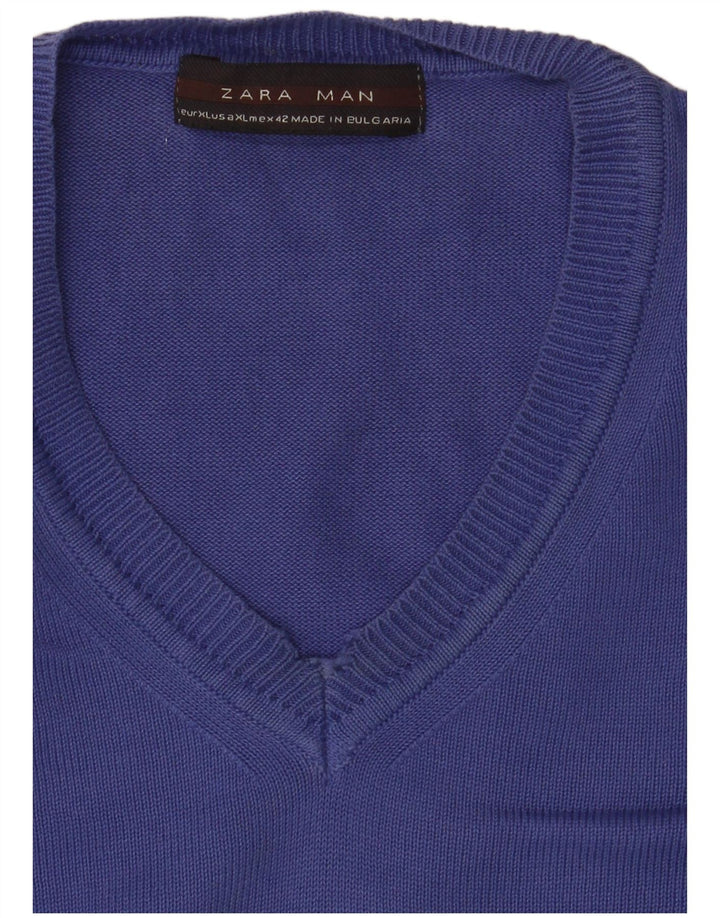 Zara Suéter masculino com decote em V XL azul