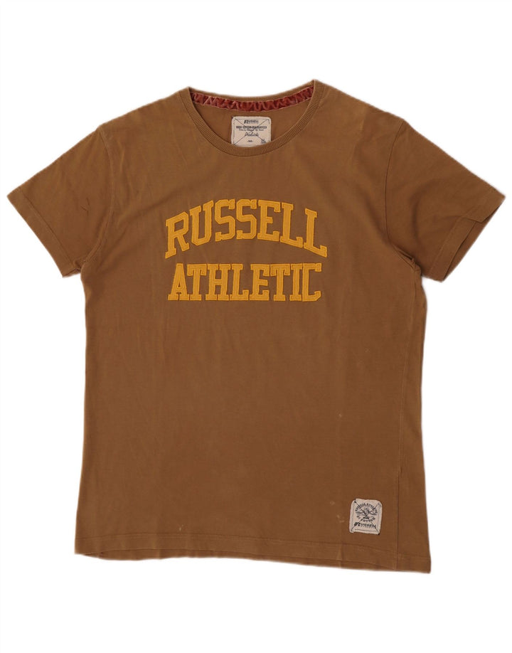 Russell Athletic Camiseta masculina gráfica Top médio algodão cáqui