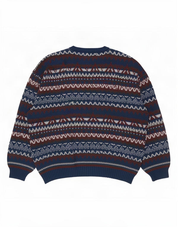 Suéter vintage masculino com decote em V grande azul marinho Fair Isle Wool
