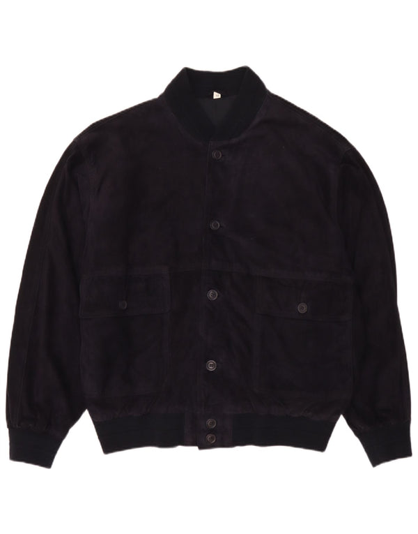 Jaqueta bomber de camurça masculina vintage IT 50 grande couro azul marinho