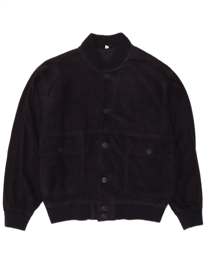 Jaqueta bomber de camurça masculina vintage IT 50 grande couro azul marinho