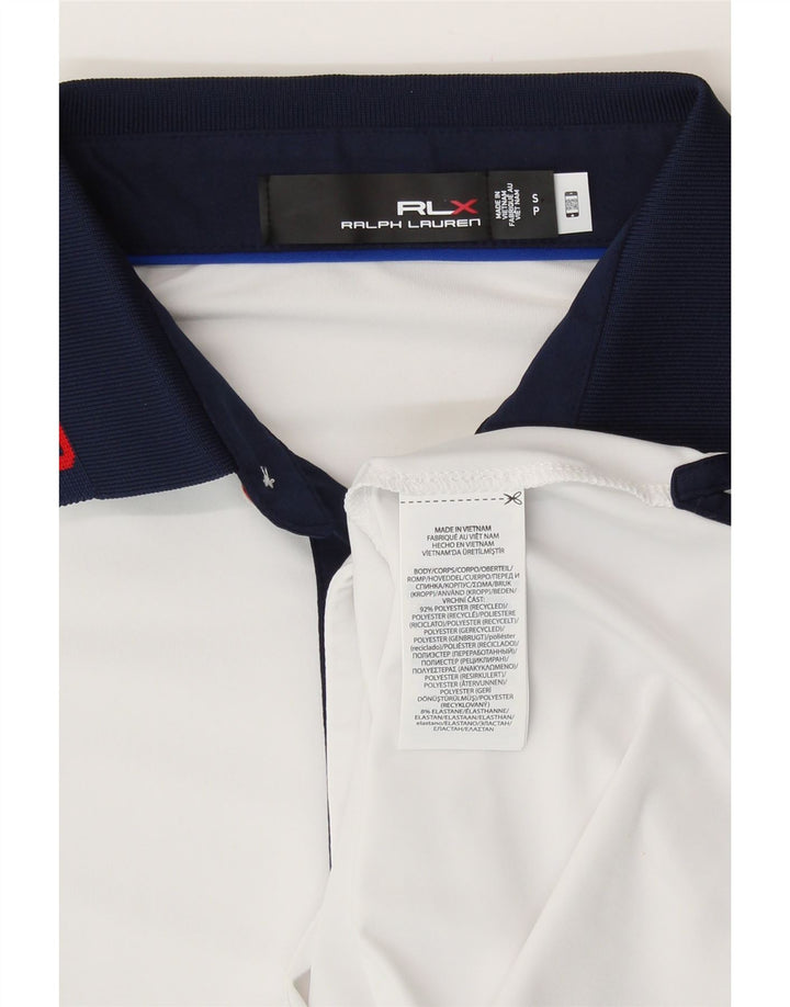 Camisa polo masculina Ralph Lauren EUA pequena poliéster listrada branca