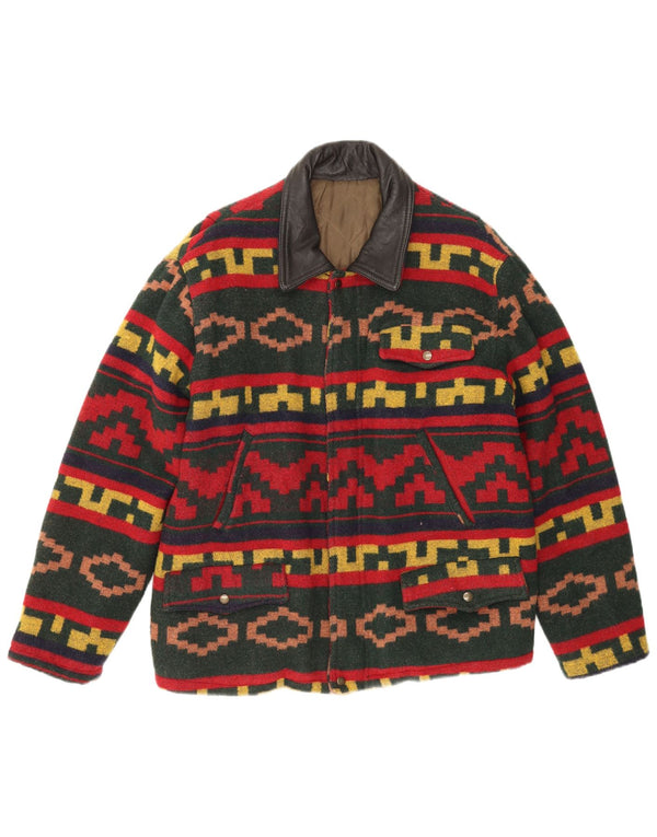 Jaqueta utilitária masculina vintage UK 40 grande lã geométrica multicolorida