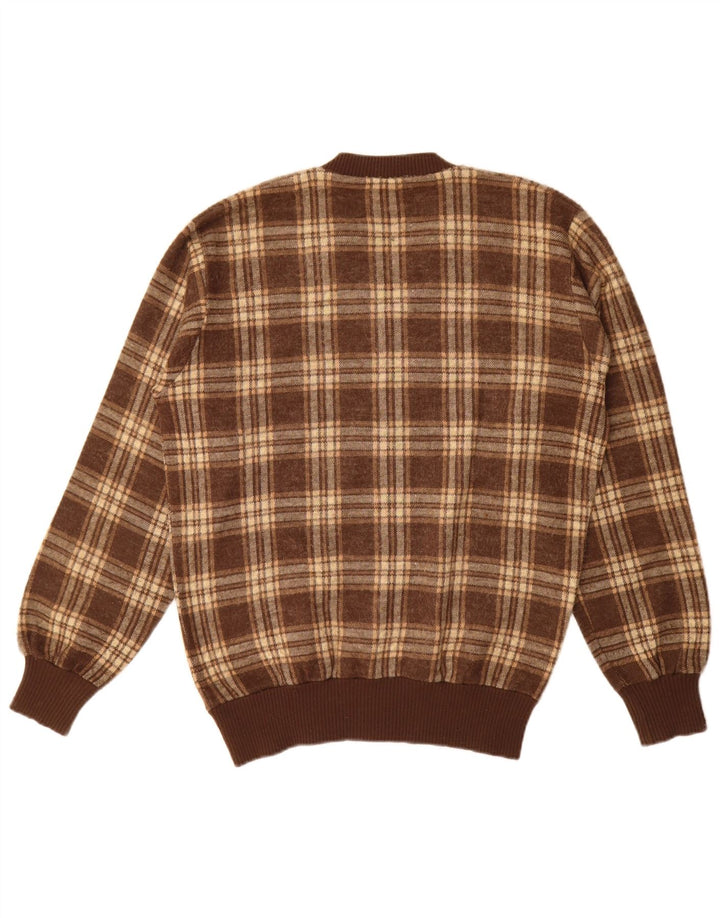 Suéter masculino vintage com decote em V grande acrílico xadrez marrom